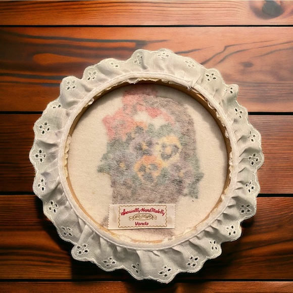 Flowers in Basket with Ribbon Crewel Picture with Lace and Framed in a Wood Hoop - Picture 2 of 4